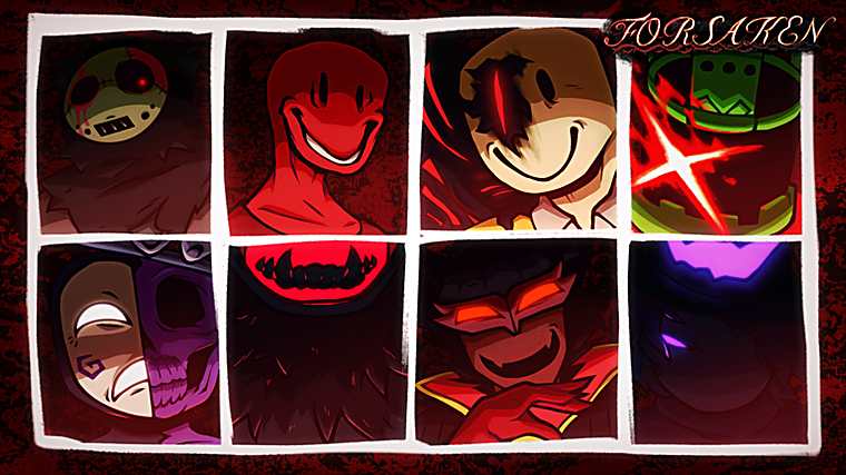 Eight stylised killer faces arranged in a grid on a red background