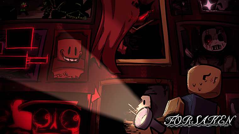 A survivor with a flashlight in a red-lit room hung with framed drawings
